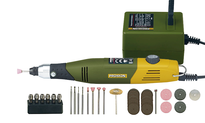 Proxxon MICROMOT 60/E matkap/taşlama, adaptör ve 34 parçalı uç-kesici seti